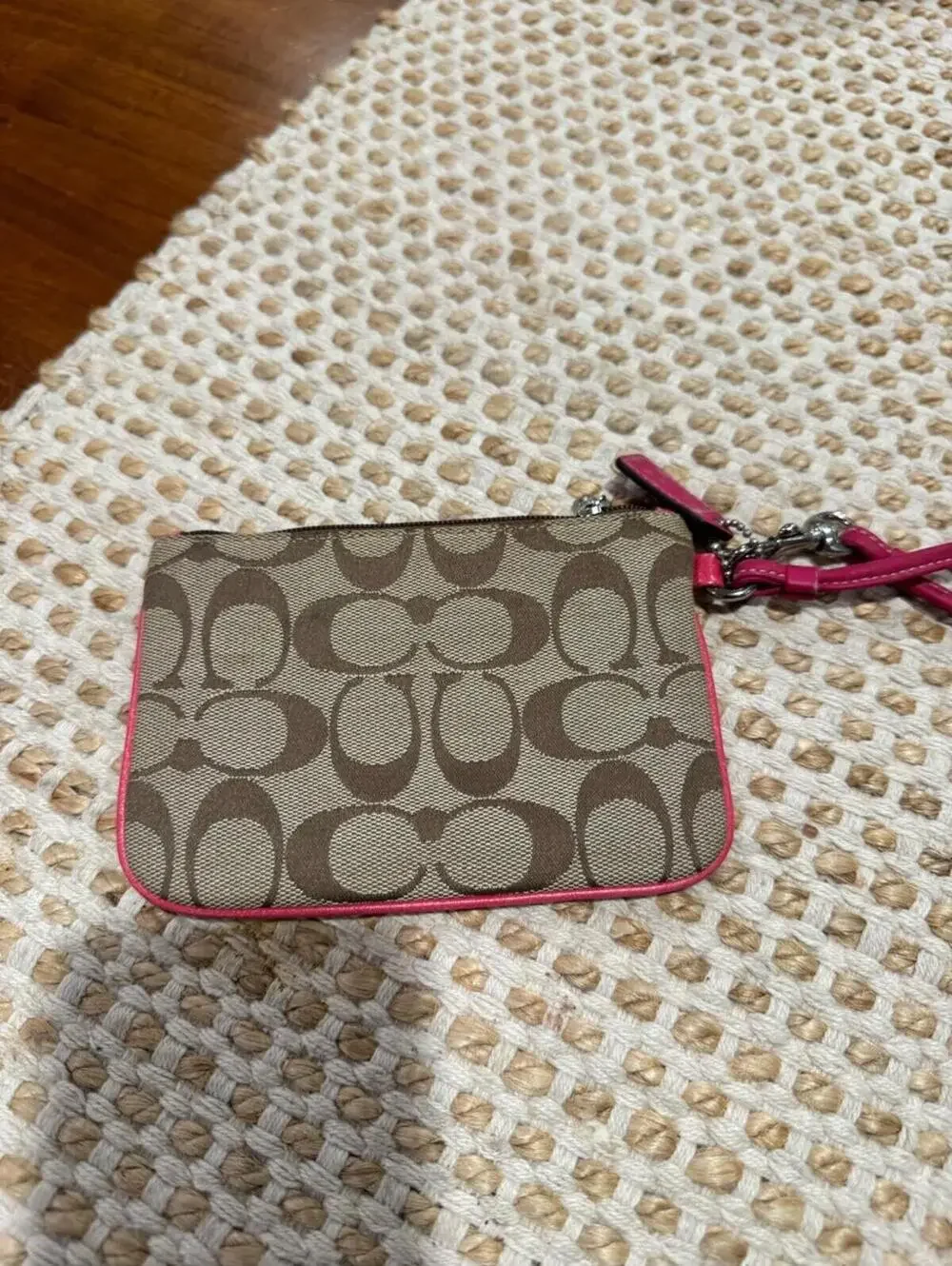 Coach Khaki Signature Wristlet Pink Leather Trim NWOT